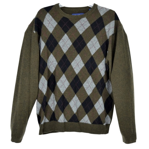 Alan Flusser Other - Alan Flusser Men's M Cashmere Argyle Sweater Olive Green Navy Gray Knit Crewneck